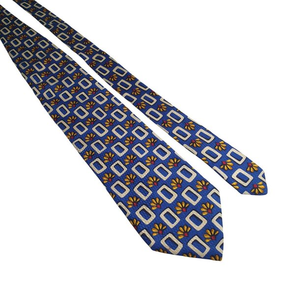 Vintage Mid Century Blue Silk Tie Retro Geometric Floral Pattern Design Mr Sid - Picture 1 of 5